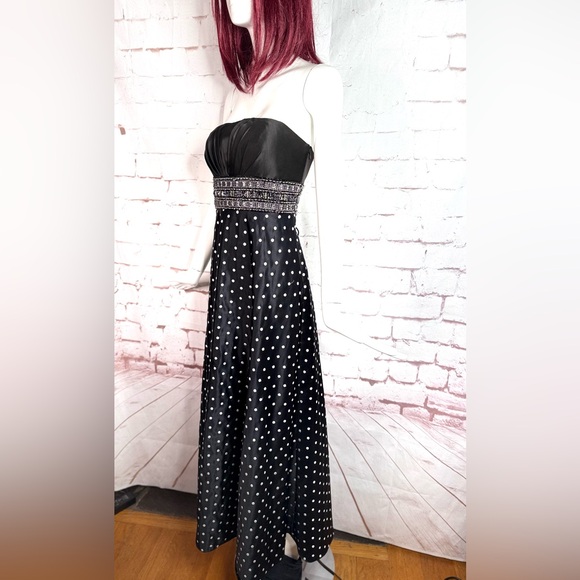 Jeweled Strapless Lace-Up Back Black and White Polka Dot Maxi Dress Size Small - Picture 16 of 16